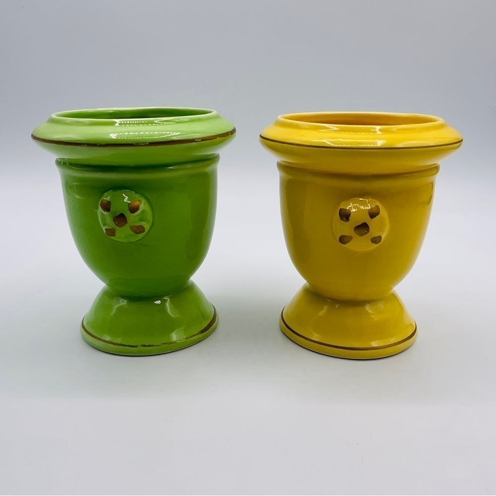 Vtg Bloom Rite Set of 2 Mini Ceramic Planters Pottery 3.5 inch Yellow Green Bulb